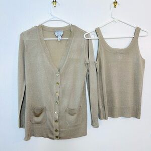 Talbots Collection Beigh Gold Shimmer Cardigan Sweater & Matching Tank SP